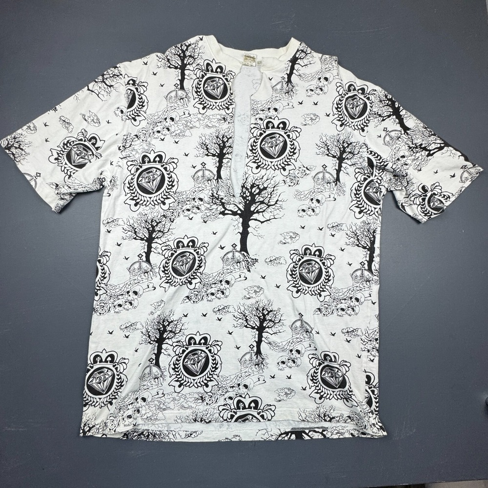 Reve Men's 2XL White Oversized Graphic T-Shirt Gothic Skull Tattoo Cut Front Tee